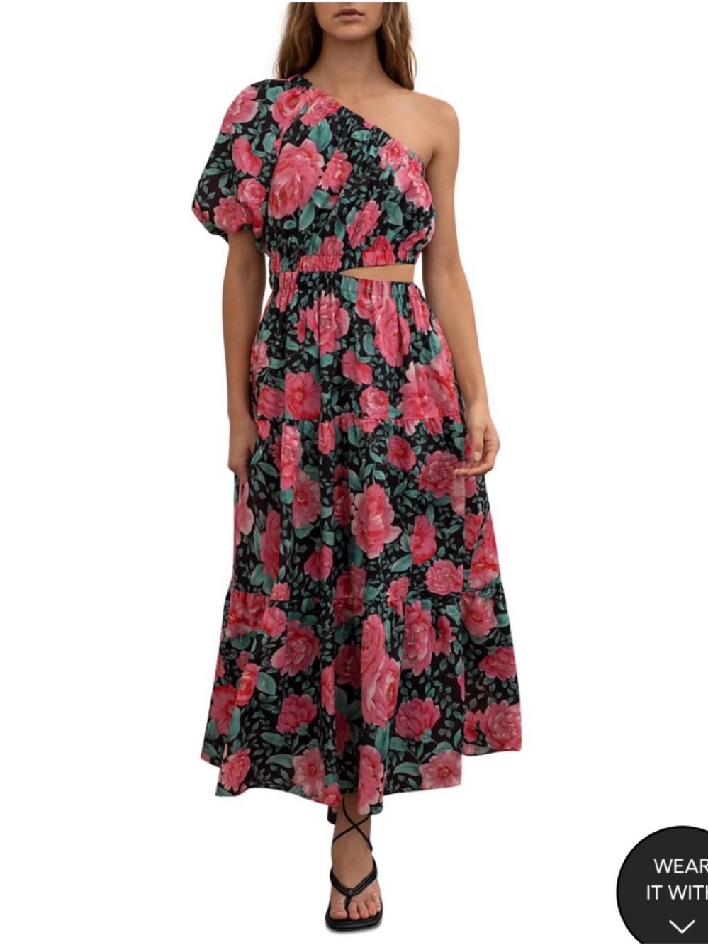 Moon River One Shoulder Floral Print Cutout Midi Dress in Black and Pink